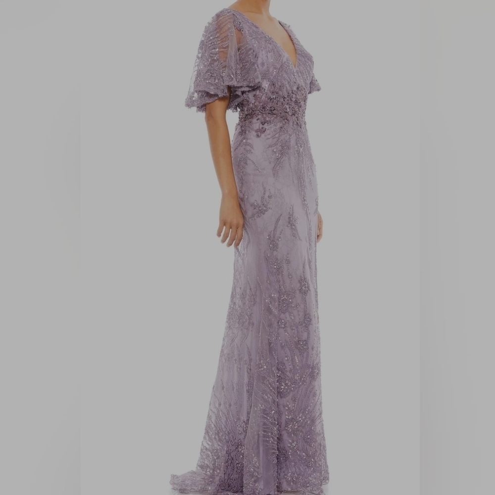 Mac Duggal Light Purple Lilac Beaded gown Wedding  Flutter Sleeve 6 12